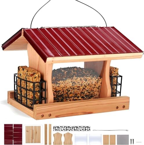 Best Hopper Bird Feeder - Which One Will Attract More Birds? 7 XL Large Hopper Bird Feeders for Outside - DIY Birdfeeder Kits for Adults to Build - Ranch Feeder W/Suet Cages - Heavy Duty 3/4" Red Cedar - Longtime Durability - 5 Lbs Compacity, 13" Size