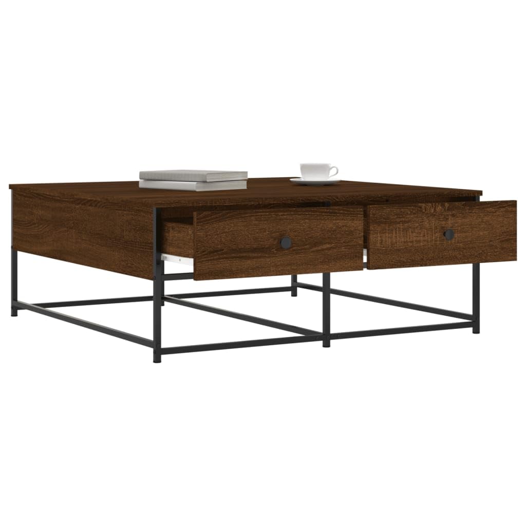 Hothingwell Inżynieria Drewniany Stolik kawowy 100x99x40 cm Brązowy | 2 szuflady do przechowywania, stabilna góra, wytrzymała metalowa rama, idealna do salonu
