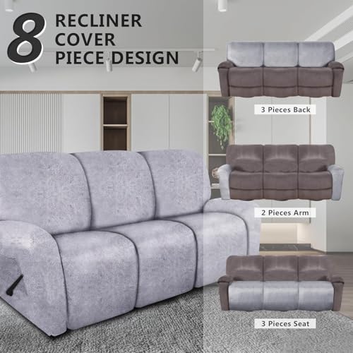 Image of molasofa Recliner Sofa Covers - 8 Pieces Stretch Leather Like Large Couch Covers for 3 Seats Reclining Slipcovers Soft Jacquard Pattern Furniture Protector with Elastic Bottom (marbling)