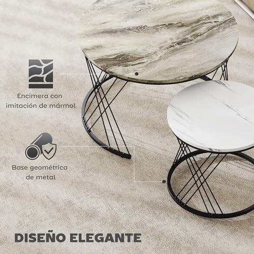 Miniatura 5 de Homcom Juego De 2 Mesas Nido Mesas De Centro Para Salón Redondas Con Tablero Con Diseño De Mármol Marco De Metal Para Sala De Estar Dormitorio Gris Y Blanco