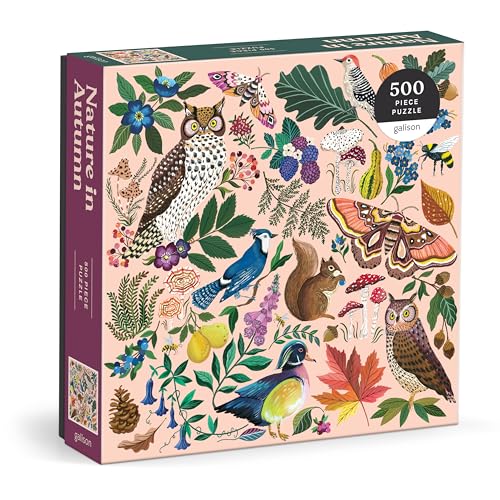 Galison - Rompecabezas Nature in Autumn de 500 piezas para adultos | Ilustrado por Christine De Carvalho, fauna estacional, aves, desafiante, papel reciclado, tamaño terminado 20" x 20" miniatura 1
