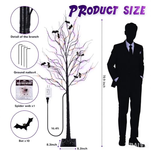 Halloween Lighted Tree with 260 LED Lights, 6FT Black Halloween Tree with Timer, 8 Modes, Dimmable, Spider Web & Bats DIY, Indoor Outdoor Halloween Decorations - image 4