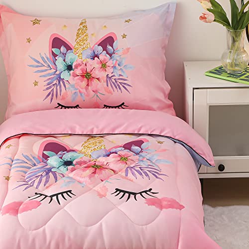 Pink Unicorn Toddler Bedding Set For Girls 4 Piece Cartoon Unicorn Flower Toddler Comforter Sets For Baby Kids Bed-In-A-Bag Bedspreads Quilt Set With Comforter, Flat Sheet, Fitted Sheet, Pillowcase #TOP7