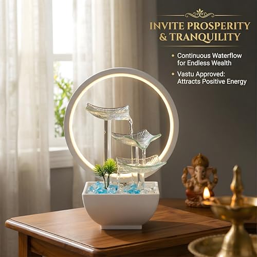 Image of Water Fountain for Home Decor 29cm Glass Indoor Waterfall with LED Light & Blue Stones - Electric Tabletop Showpiece for Living Room, Office Desk & Bedroom - Lucky Feng Shui Gift (Frost White)