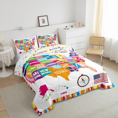 Image of Feelyou USA Map Bedding Set Full, Geography USA Map Comforter Set for Boys Girls Educational Comforter Learning Time Duvet Set 3Pcs