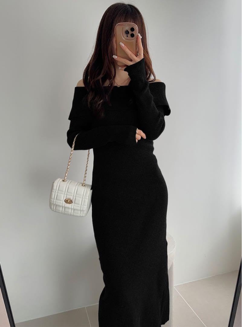 Amazon.co.jp: GRL オフショルニットロングワンピース 黒 M き