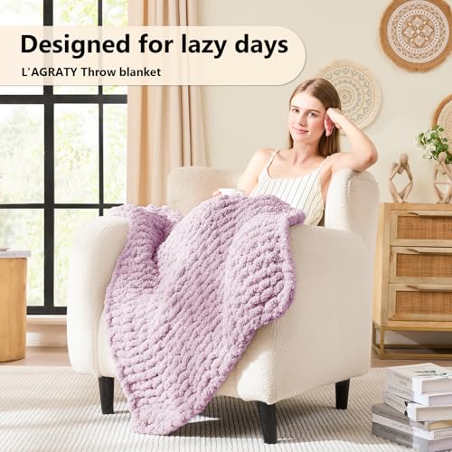 Image of L'AGRATY Chunky Knit Throw Blanket for Couch, 30'' x 40'' Knit Throw, Purple
