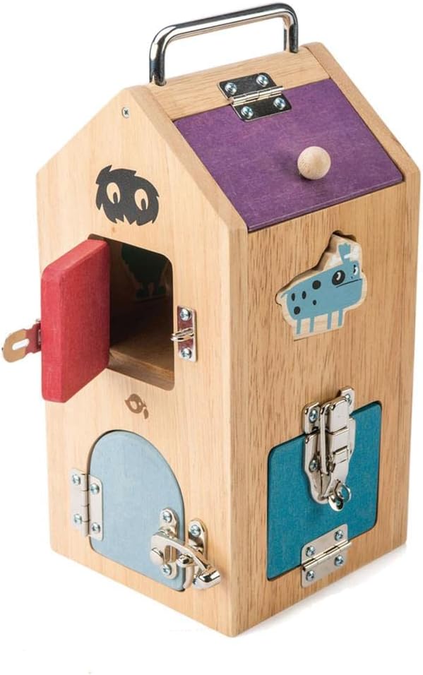 Tender Leaf Toys Wooden Monster Lock Box - 8 Different Doors with Various Lock Mechanisms Helps Develop Probelm Solving Skills - 3 +, Multicolor, 6.5" x 6.7" x 11.7"