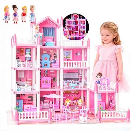 Großes Puppenhaus für Mädchen von 3–12 Jahren, 11 Zimmer, Puppenhaus mit Beleuchtung, Spielmatte, Puppen, Möbeln und umfangreichem Zubehör, Kinder