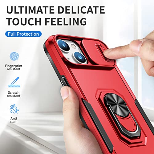 Image of MOSHKING Polycarbonate Back Cover Case Compatible For Iphone 13 With Slide Camera || Heavy Duty Military Grade Protection Mobile Phone Case Built-In 360 Rotate Ring Stand - Red