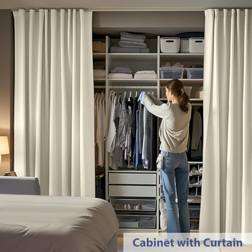 Image of Room Divider Ceiling Mounted Curtains Track Sets Extra Wide Blackout Curtain Flexible Tracks for Bedroom Privacy Partition Separator, 1 Panel Beige Drape and White Rail, W12.5 x H9ft