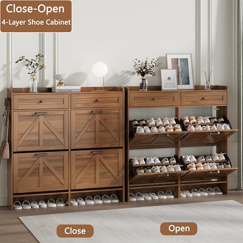 Image of Shoe Cabinet with 4 Flip Drawers & 2 Top Drawers, 43 inch Tall Freestanding Narrow Wooden Shoe Storage Organizer for Entryway, Hidden Slim Shoe Rack for Front Door Entrance, Hallway, Living Room, Walnut
