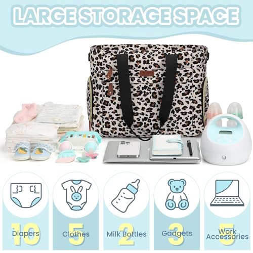 Image of Pritent Diaper Bag Tote for Working Mom, Large Travel Diaper Tote for Mom and Dad with 14 Inch Laptop Sleeve, Mommy Maternity Travel Baby Bag for Boys and Girls, Leopard