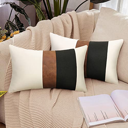 Merrycolor Pack of 2 Thick Black Linen Farmhouse Lumbar Throw Pillow Cover Black Brown Decorative Linen Faux Leather Ticking Stripe Cushion Pillowcase Modern Sofa Couch Pillow Cover 12x20 Inches