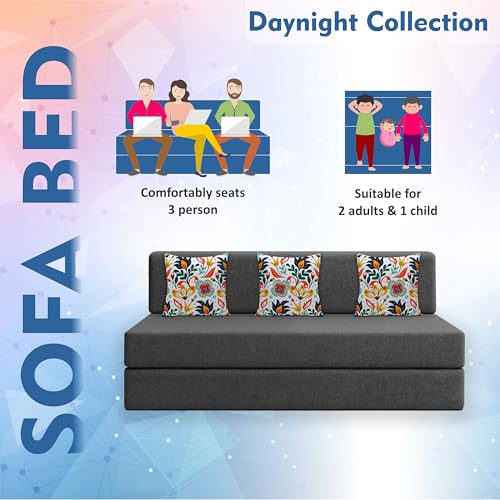 Image of Los Angeles Foldable Three Seater Sofa Cum Bed, Sofa Bed 5 X 6 Feet Jute Fabric Washable Cover Including 3 Cushion Perfect for Living Room - Black Color