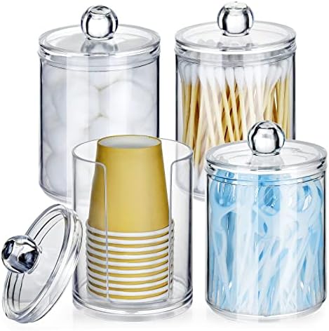 Cup Dispenser for Bathroom 4 Pack, Qtip Holder for Cotton Ball Swab, Cotton Round Pads, Floss, Fit for 3-4 oz Cup for Bathroom Canister Storage Organization, Vanity Makeup Organizer-Clear