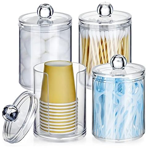 Cup Dispenser for Bathroom 4 Pack, Qtip Holder for Cotton Ball Swab, Cotton Round Pads, Floss, Fit for 3-4 oz Cup for Bathroom Canister Storage Organization, Vanity Makeup Organizer-Clear Cover