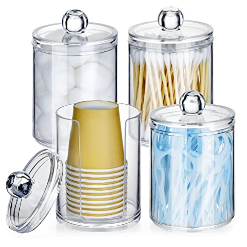 Cup Dispenser For Bathroom 4 Pack, Qtip Holder For Cotton Ball Swab, Cotton Round Pads, Floss, Fit For 3-4 Oz Cup For Bathroom Canister Storage Organization, Vanity Makeup Organizer-Clear #TOP4