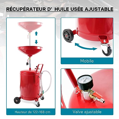 WilTec Appareil Récupérateur Huile pneumatique Mobile 80L Hauteur réglable 122-168cm Vidange Huile usagée – vue 2
