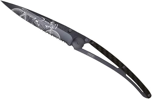 Miniatura 5 de deejo - 37G dentado, fibra de carbono, titanio, negro, Café Racer - Cuchillo plegable de bolsillo ultraligero con clip para cinturón - Acero