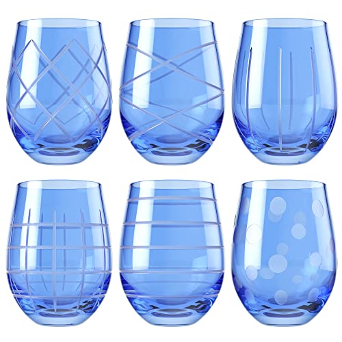 American Atelier Medallion Stemless Wine Glass Set Of 6, 17 Oz, Etched Patterns, Textured Glass Cups, Glasses For Red Or White Wine, Stemless Goblets, Fifth Avenue Crystal, Blue #TOP23
