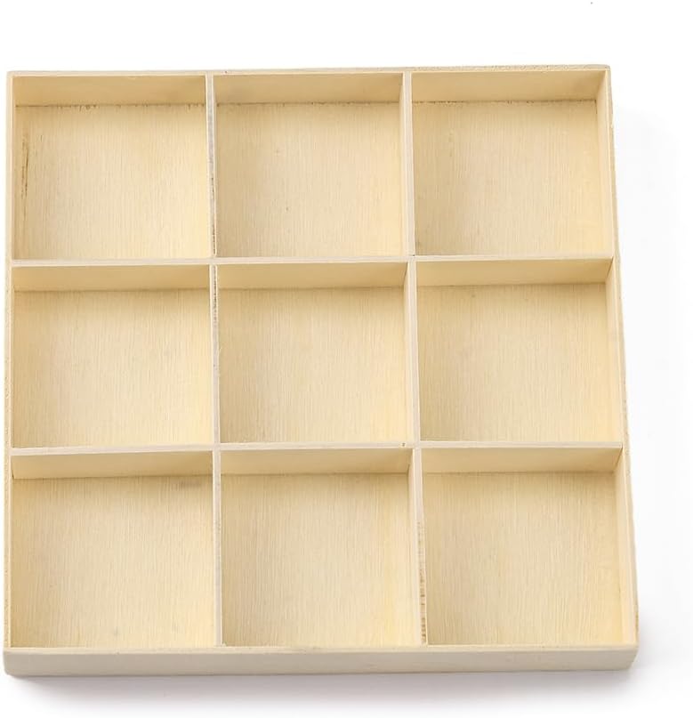 2PCS 5.12×5.12×0.67 Inch 9 Grids Antique White Unfinished Trinket Display Tea Organizer Stackable Jewelry Storage Chest Tray Divided Drawer Wooden Sorting Tray for Earrings Necklaces Rings