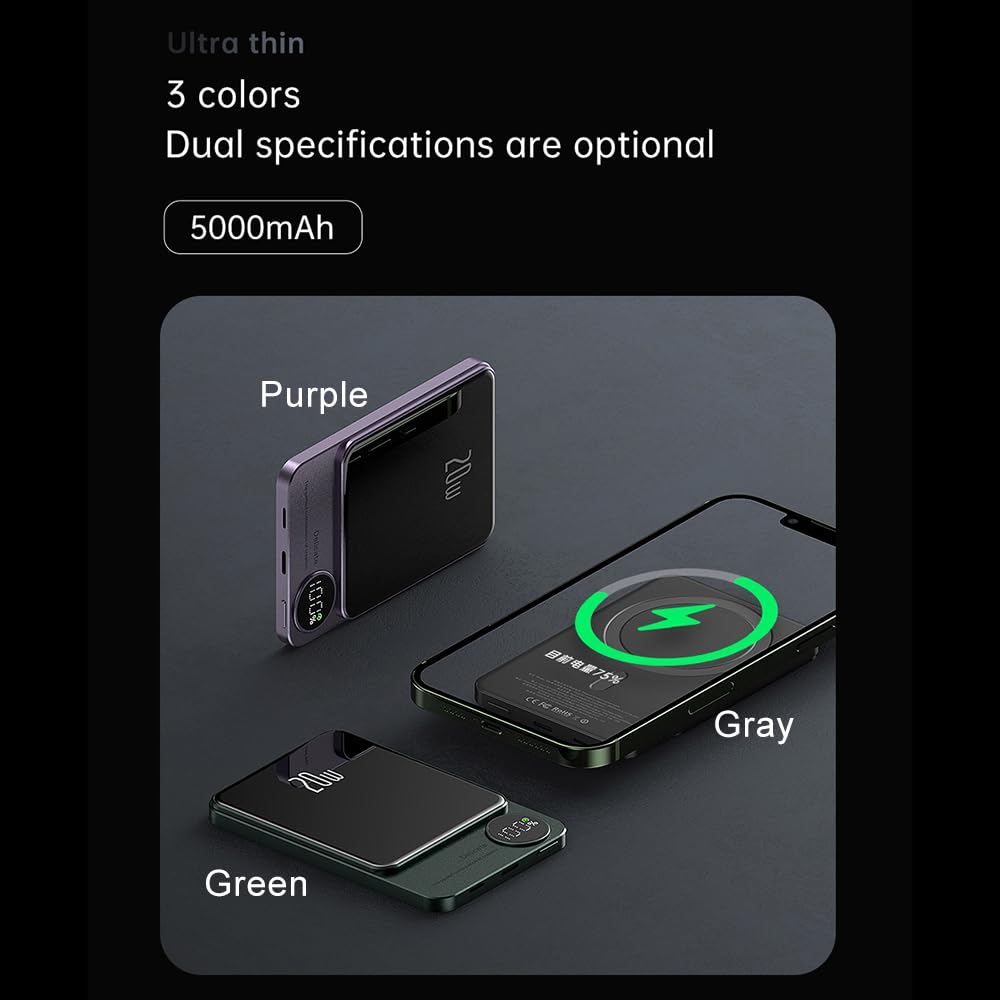 Aoresac Magnetische Powerbank mit 5000 MAh, PD20 W, Ultraschlanke Externe Akkus aus Aluminiumlegierung mit LED-Anzeige, Tragbar, Effizientes Laden für (10000 mAh [magnetisch + Schnellladung])