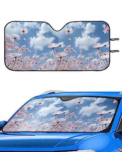 Front Car Windshield Sun Shade 27.5x55in, Pink Flowers with Blue Sky and White Clouds Foldable Car Sunshade Blocks Sun UV Rays Protector Car Sun Visor Protector Keep Cool Car Sunshade