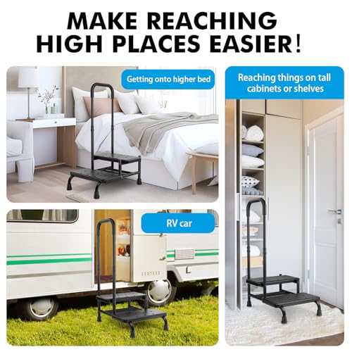 FORTEMOTUS Badewannentritt 2 Treppenstufen mit Haltegriff, rutschfest mit Drainagelöchern, Kohlenstoffstahl Tritthocker für Senioren, 200 kg Belastbarkeit für Badewanne, Bett & Auto(Schwarz)