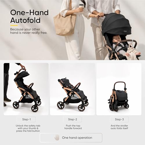 Image of Frido Autofold Travel Stroller for Babies, EN1888 Certified, One-Hand Auto-Fold & 5-Point Safety Harness, Lightweight Travel-Friendly Design with Suspension Wheels (0-4 Years, Gold Haze)