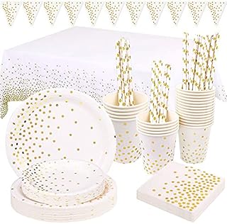 OMEW White Gold Party Supplies,24 Guests Gold Party Tableware Dinnerware Set Include Party Paper Plates Cups Napkins Straws Banner Tablecloth for for Birthday Party,Bridal Shower,Wedding,Anniversary