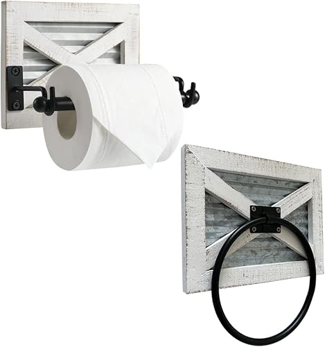 Portarrollos de papel higiénico rústico y anillo de toalla con metal galvanizado y metal negro, soporte de pared de madera blanca envejecida rústica