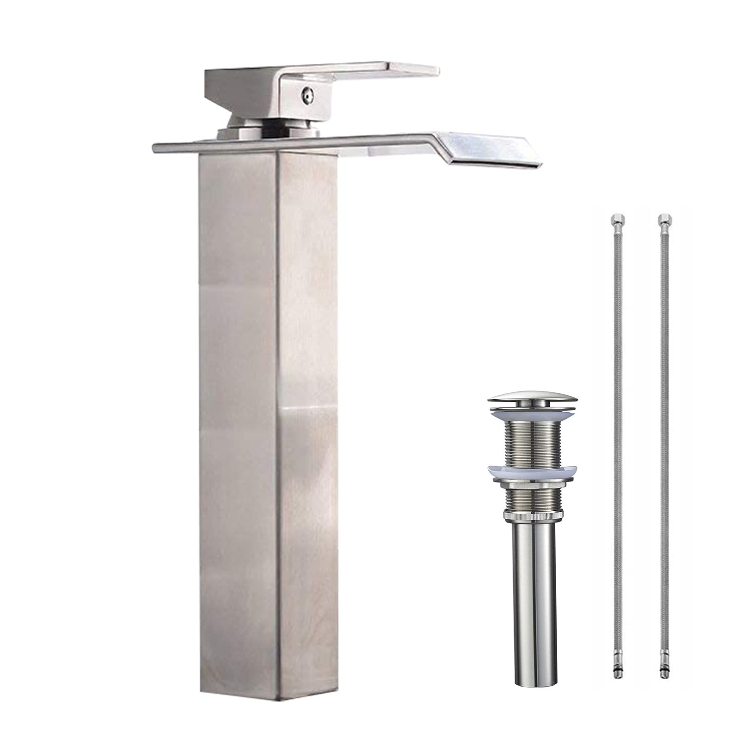 Nfusrxmbk Brushed Nickel Bathroom Vessel Faucet One Hole Bowl Of Sink Faucet Waterfall Tall Single Handle Bathroom Faucets With Drain Assembly Modern Vanity Lavatory Deck Mount Supply Lines Hose