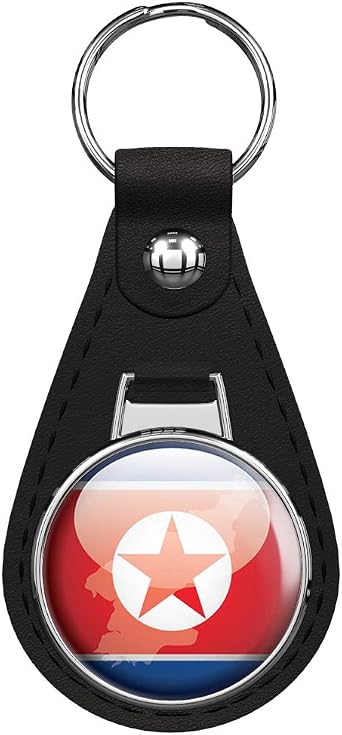 North Korea Glossy Map Flag Keychain Black Premium Leather Key Chain with Key Ring