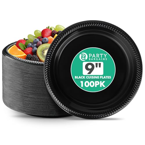 PARTY BARGAINS 9 Inch Disposable Black Plastic Plates (100 Pack) Microwave Safe Dinnerware