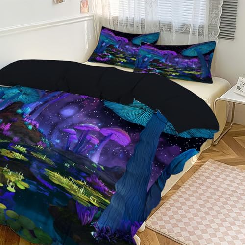 Housse de couette 240x260cm bleu-violet lac aux champignons en microfibre