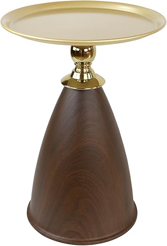 Mesas auxiliares redondas pequeñas, mesa auxiliar de metal, pedestal con textura de madera sintética, mesa decorativa moderna para sala de estar y