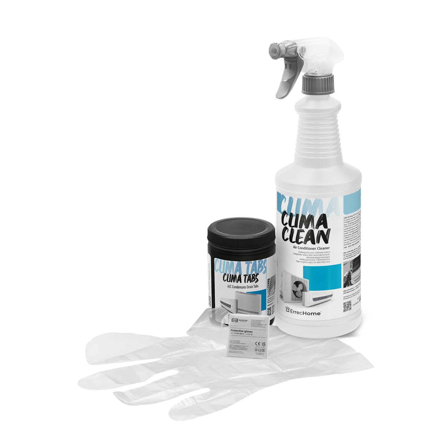 ERRECHOME Cleaning Kit for Air Conditioners, includes Clima Clean 1L Cleaner for A/C Filters and Evaporators, Clima Tabs 40 Cleaning Tabs for A/C Condensate Drain. Disposable gloves included