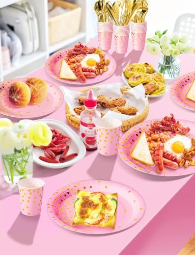 Image of Nkaiso 141Pcs Pink Gold Paper Plates and Napkins Party Supplies-20 Guests