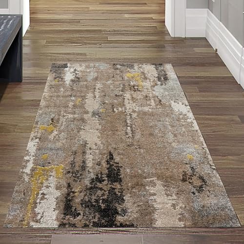 Moderner Teppich abstraktes Design Flur Wohnzimmer beige braun - pflegeleicht Größe 80x150 cm