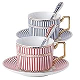 Jusalpha Set of 2 Elegant Modern Blue And Red 7.4 oz Tea Cups and Saucers Set-Coffee Cup Set with...
