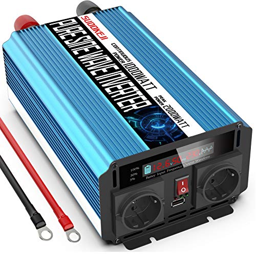 1000W Spannungswandler Reiner Sinus Wechselrichter 12v auf 230v Mit LCD-Bildschirm und 2 Steckdosen und USB-Anschluss