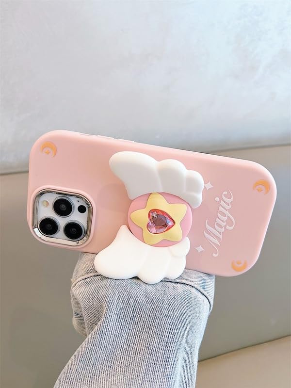 Image of COVERLY 3D Cute Magical Fairy Angel Wings Folding Fly Cartoon Magic Stars Premium Heart Shaped Diamond Phone Stand Holder Soft Silicone Cover Girly Love Cute Adorable Case for Apple iPhone 12 Pro