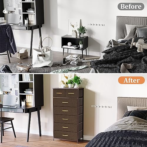Image of Tall Dressers for Bedroom, 7 Drawers Dresser Fabric Storage Closets Storage Units Organizer Tower Steel Frame Wooden Top for Bedroom, Hallway,Nursery, Entryway(Dark Brown)