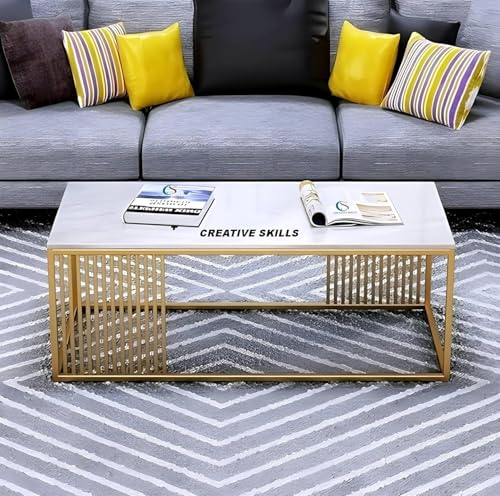 Image of Furniture Cafe Modern Rectangular Coffee Table with White Marble Top and Gold Metal Frame - Contemporary Center Table for Living Room (Golden & White)