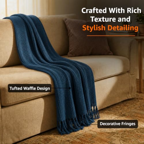 Image of Amazon Basics Waffle Throw Blanket | Knit & Chevron Pattern with Fringes | Aesthetic Decorative Couch Throw for Living Room, Sofa, Bed and Chair | 152x125 cms | 100% Cotton Throw | Blue