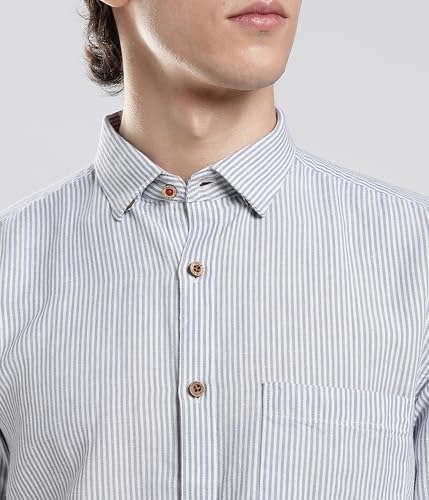 Image of TURMS Men's Casual Striped Linen Shirt | Water Repellent | Anti Stain Anti Odor | Kansas Linen | Concealed Button Down Collar | Full Sleeves