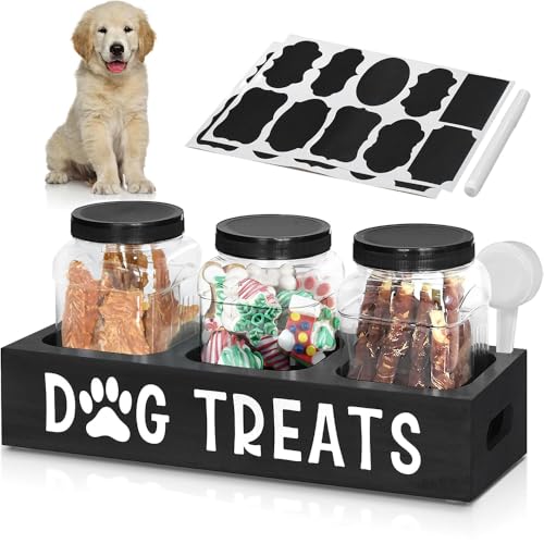 Niciksty Dog Treat Container for Countertop, Dog Food Storage Container with 3 Jars, Dog Food Storage Canister for Kitchen Countertop, Pet Food Organizer For Puppy, Black