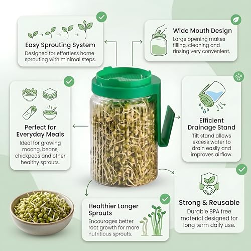 Image of Multi Use Sprouts Maker Jar 720 ML | Plastic Sprouting Container with Mesh Lid | Seed Sprouting Jar for Beans, Moong, Chana & Microgreens | Clear Kitchen Sprout Maker