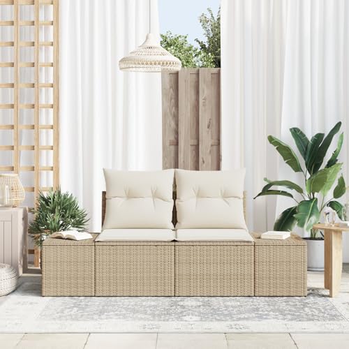 IBUQDDV Gartensofa 2-Sitzer mit Stauraum und Kissen Beige Poly Rattan für Terrasse und Garten, Gemütliches Outdoor Sofa mit Integriertem Stauraum und Abnehmbaren Kissen, Modernes